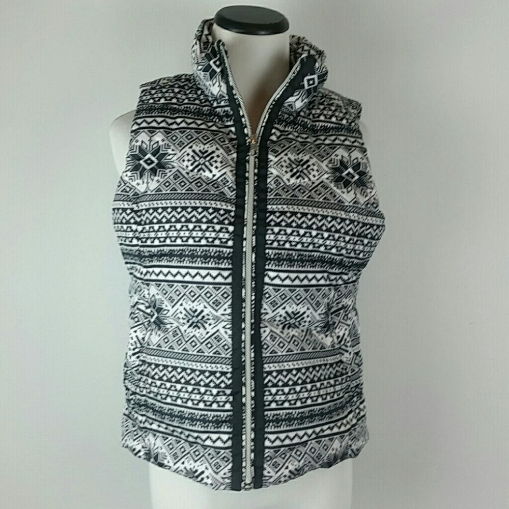 LANDS END l Puff Vest Black White Print - Picture 1 of 8